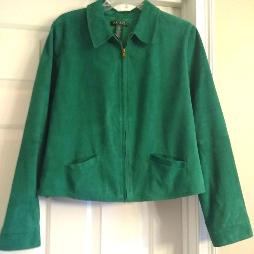 Lauren Ralph Lauren Suede Green Jacket SZ XL Length 22" Width Pit to Pit 22"